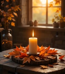 Cozy Autumn Ambiance: A warm autumn scene, featuring a glowing candle surrounded by vibrant orange leaves on a wooden table, set against the backdrop of a window with a soft, inviting glow.