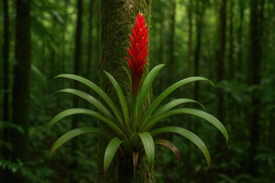 Bromeliaceae family plant growing on a tree in the Amazon jungle