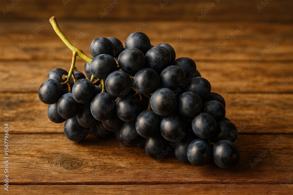 Poster a cluster of dark grapes resting on a surface