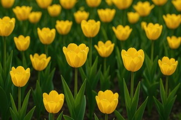 Vivid yellow tulips blooming in a springtime garden