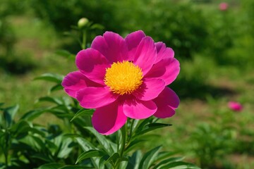 Fototapeta premium Vivid pink petals and a yellow-centered peony blossom thriving in an outdoor garden setting