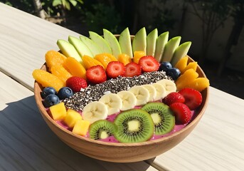 Vibrant Fruit Bowl: A visually stunning composition showcasing a colorful array of fresh fruit in a wooden bowl, offering a glimpse into a healthy and delicious lifestyle.