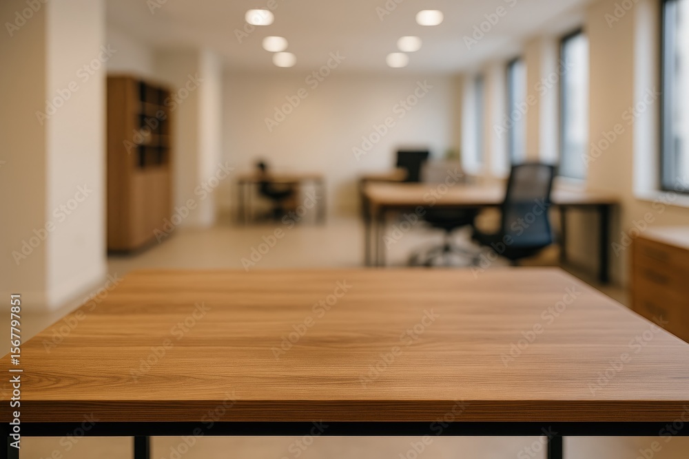 Aufkleber office workspace with a blurred object on a brown table