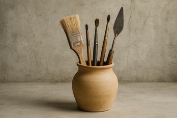 Artistic brushwork and trowel detail on a ceramic vessel against a rustic mortar backdrop
