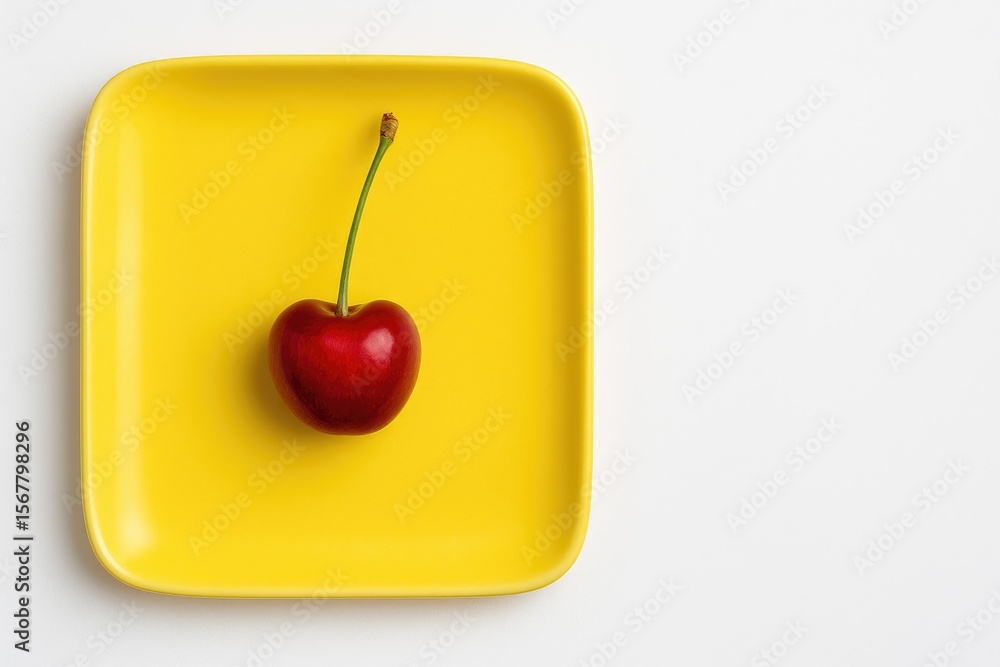 Poster vivid red cherry placed on a vibrant yellow square dish with a white backdrop, top-down view with sp