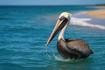 Brown pelicans hunting for fish in flight