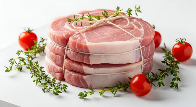 Raw veal chops stacked and tied, cleanly lit on white, with thyme and cherry tomatoes placed aesthetically.