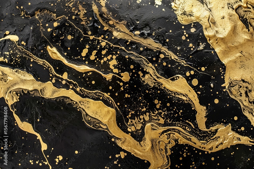 Poster gold paint splattering and swirling on a black background, creating an abstract fluid art pattern