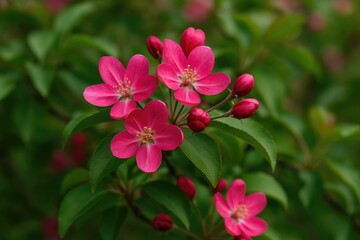 Fototapeta premium Vivid pink blossoms from an apple tree stand out beautifully amidst lush green leaves.