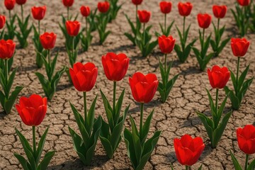 Fototapeta premium Vivid red tulips blooming in a dry landscape