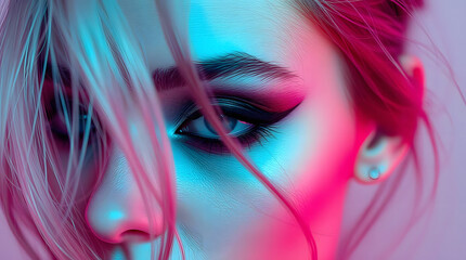 A futuristic close-up of a woman's face in vibrant pink and blue neon lighting, with bold eyeliner, glossy skin texture, and strands of hair partially covering her intense, expressive eyes.
