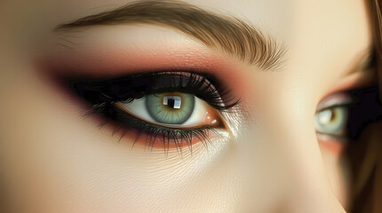 Extreme close-up of a woman's green eye with dramatic eyeshadow, voluminous lashes, and detailed skin texture, highlighting the vivid iris color and intense gaze with a glamorous beauty look.
