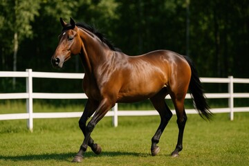 Fototapeta premium A sleek brown horse grazing near a wooden fence in a pasture