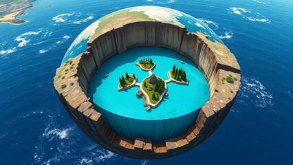 A cutaway Earth core reveals an azure ocean with floating islands, defying natural laws.