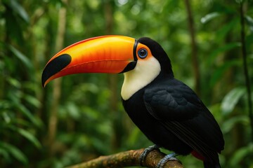 Naklejka premium Colorful toucan perched against lush greenery