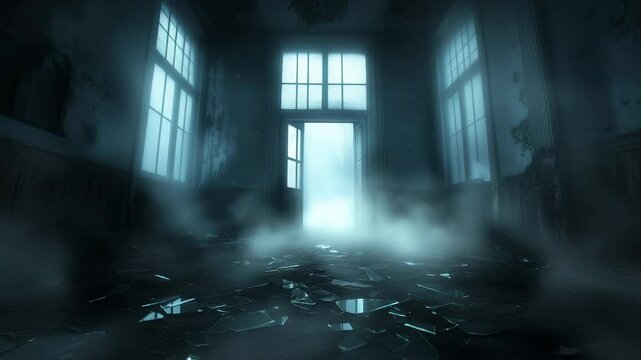 Abandoned interior with shattered glass floor, misty atmosphere, bright doorway revealing ethereal light. Damaged walls, multiple windows creating dramatic lighting effect.