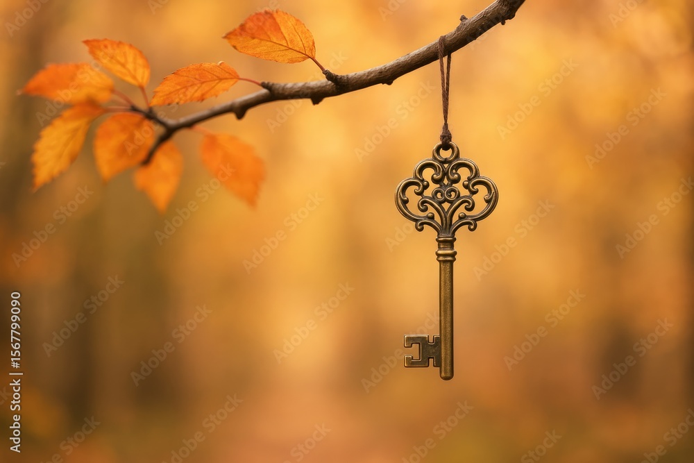 Poster antique key dangling from a branch amidst an abstract autumn scene, evoking mystery and hidden secre