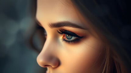 Close-up of a young woman’s face with captivating blue eyes, soft lighting, long lashes, and smooth skin texture, creating an elegant and contemplative mood with a touch of realism and warmth.