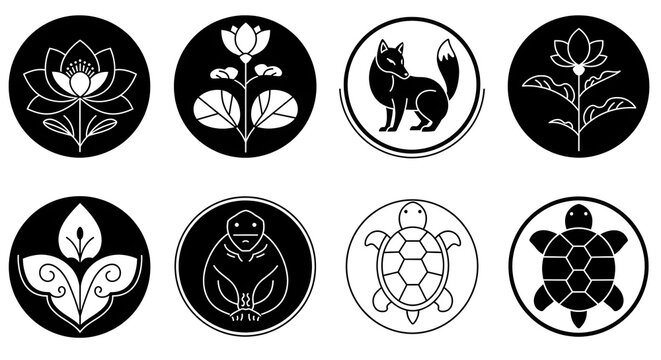 Elegant Japanese Crest Vector Set: Floral & Nature Designs, Traditional Japanese Circular Mon Designs: Kamon Style Floral, Plant & Animal Elements