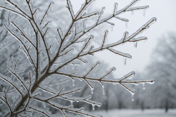 Close-up of icy tree branches highlighting a disaster scene