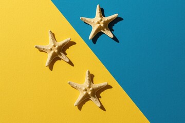 Vibrant ocean-themed abstract backdrop featuring yellow and blue textures with starfish, highlighting shadows and light effects. Creative flat lay from a top perspective with space for text.