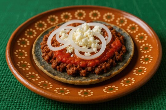 Authentic traditional Mexican memela made with corn tortilla, topped with hot sauce, onion, and cheese