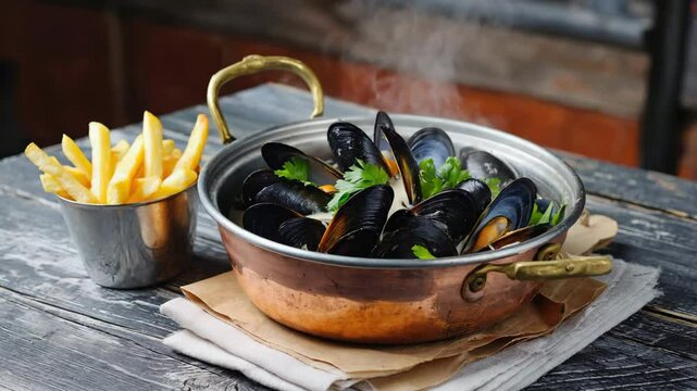 Classic Moules-frites, mussels with garlic and parsley, golden fries beside, restaurant setting with soft lighting and rustic ambiance
