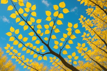 Autumn foliage featuring yellow leaves against a clear blue sky