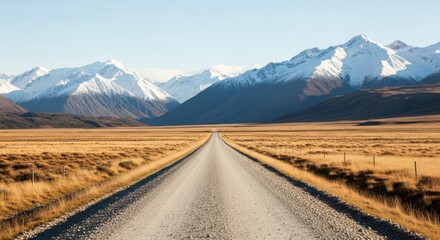 A dirt road leads to snowcapped mountains in a vast landscape