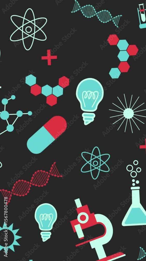 Poster animation of science concept icons with copy space on black background