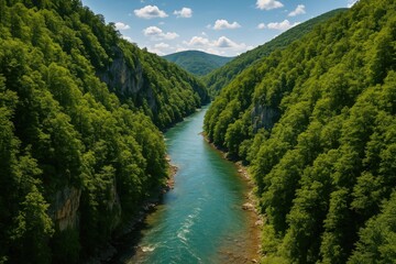 Fototapeta premium Aerial perspective of a river winding through a deep canyon