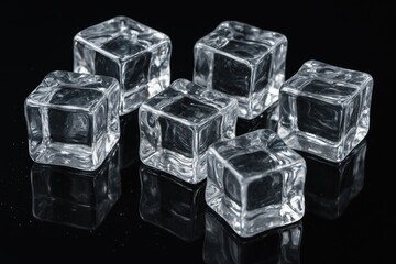 Clear ice cubes reflecting on a dark glass surface