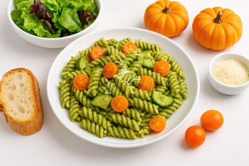 Classic pasta served with fresh vegetables and basil pesto