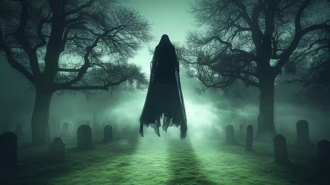 Dark silhouette hovering above misty graveyard surrounded by bare trees. Spectral entity floating between tombstones in eerie green-tinted atmospheric scene.