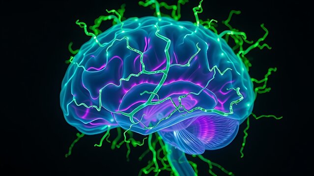 A translucent brain entwined with glowing green bioluminescent vines, pulsing with mysterious energy.