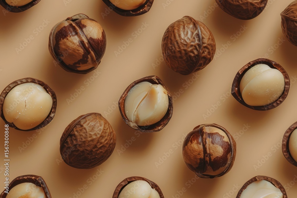 Poster macadamia nuts arranged in a visually appealing pattern, showcasing both whole and opened nuts, high