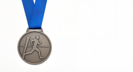 Silver marathon medal featuring a runner and blue ribbon on white background