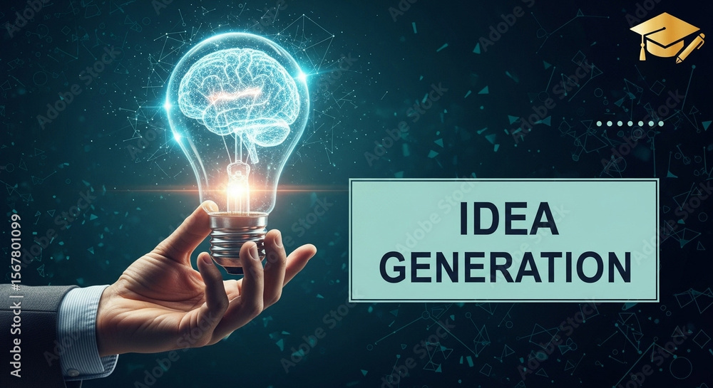 Poster hand holding a lightbulb with a brain inside representing idea generation and innovation concept art