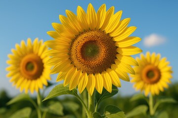 Fototapeta premium Close-up of three sunflowers with one prominently in focus and the others blurred in the background