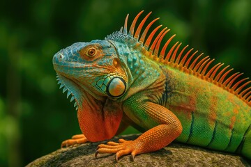 Obraz premium The vibrant iguana basking in the sunlight, its stunning colors mesmerizing the viewer.