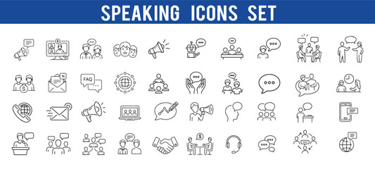 Speaking  icon set. Communication icons for web and mobile app. business, side, conversation, outline, thin, comment, conference, tell, graphic, training, simple, flat, communication, speaker.