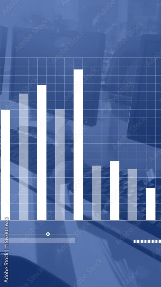 Poster animation of financial data processing over computers on desks in office