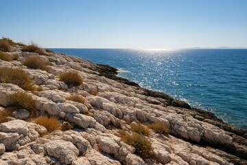 Rugged coastline with jagged rocks along a remote island shoreline under a bright summer sun