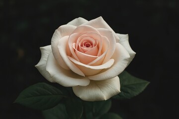 Close-up of a white and pink rose against a dark backdrop in a garden