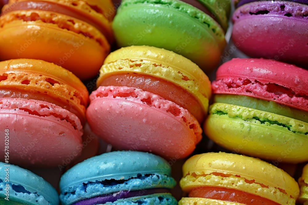 Poster close up of a variety of vibrant and colorful macarons, creating a sweet and tempting backdrop