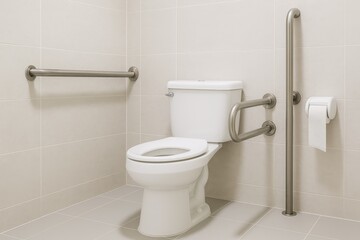 Elderly-friendly bathroom features including toilet and support rail for healthcare safety