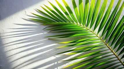 Fototapeta premium Photo of a vibrant green palm leaf casts sharp, dramatic shadows on a textured white wall under bright sunlight