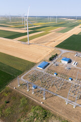 Aerial view of wind turbines with electric power station
