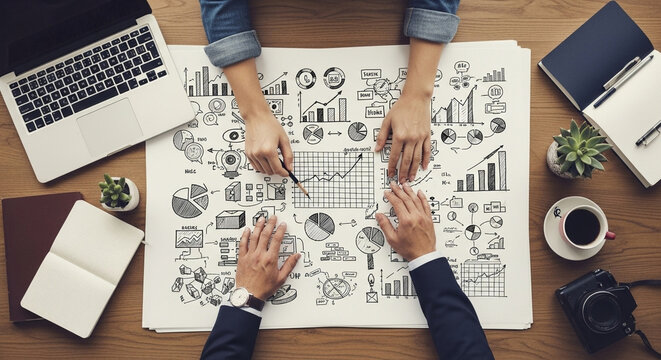 Overhead view of business meeting with sketches, laptop, and camera on a wooden table top surface