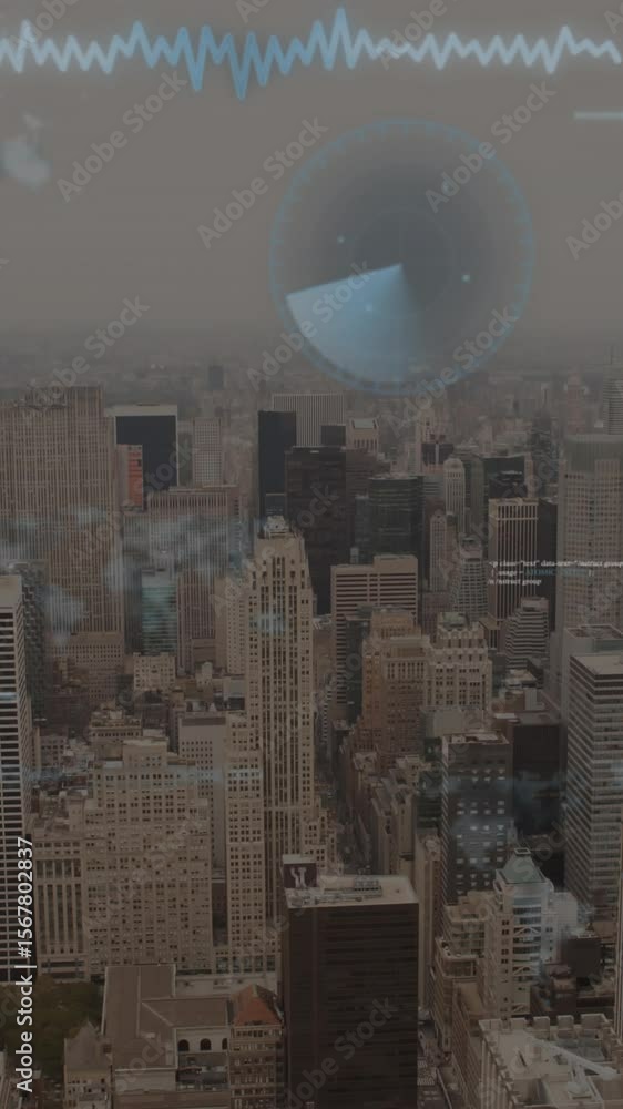 Poster animation of data processing against aerial view of cityscape